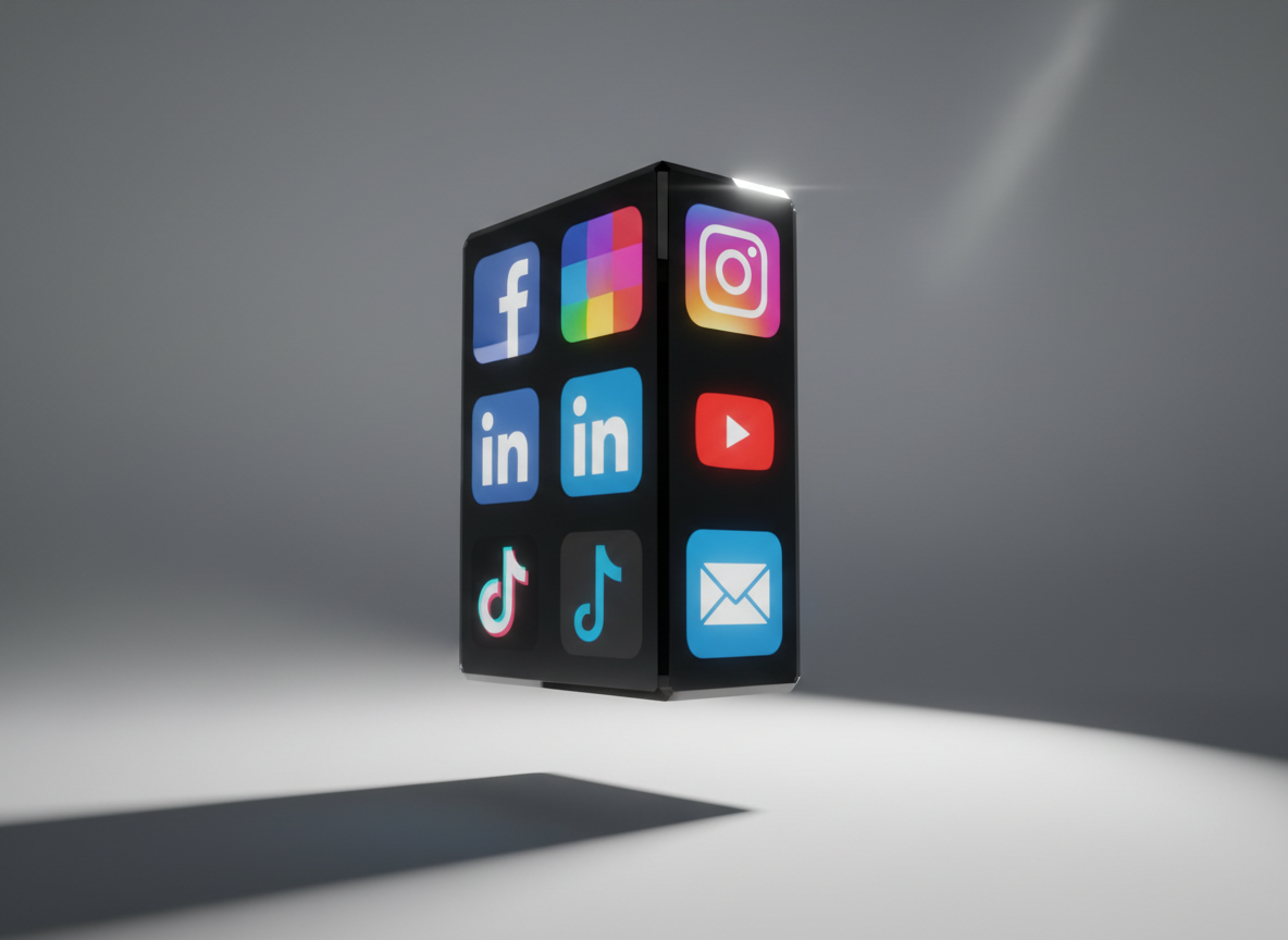 A large, floating, glossy black rectangular monolith hovers above a seamless white studio floor, each of its six faces displaying luminous, sharp app icons for Facebook, Instagram, LinkedIn, YouTube, TikTok, and an envelope for Email in vivid brand colors. The space around it is empty and minimalist, with a matte gray backdrop. A single intense spotlight from the right carves out razor-sharp shadows and bright specular reflections along the monolith’s polished edges. Captured from a low-angle perspective to emphasize dominance and power, with a centered, symmetrical composition and deep focus. The mood is bold, futuristic, and assertive, suggesting a marketing hub that commands attention through photographic realism and high-impact lighting.