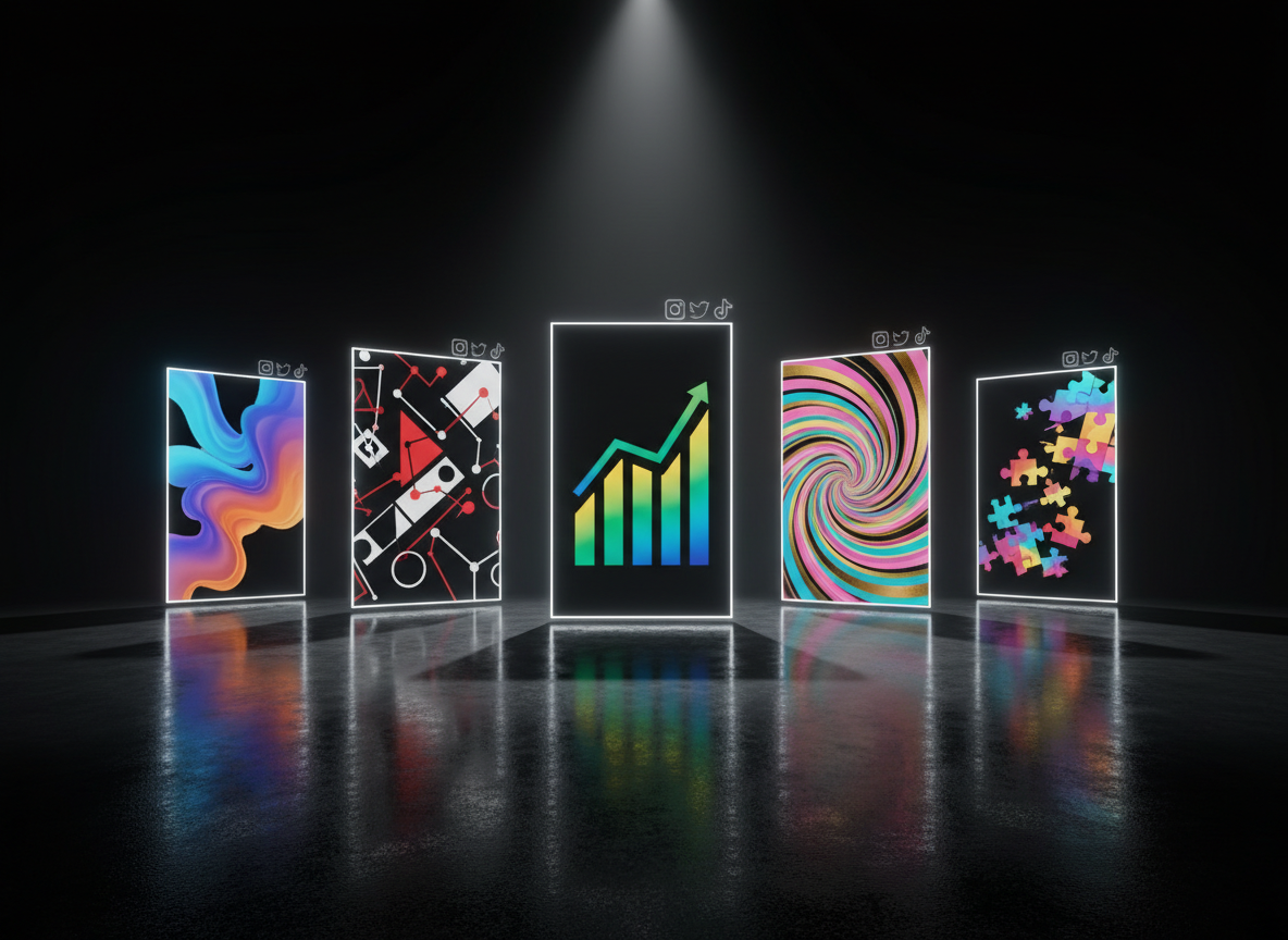 An array of oversized, ultra-thin digital billboards stands in a row on a glossy black floor, each billboard showing a different bold, abstract visual representing social campaigns: dynamic gradients, sharp geometric shapes, and stylized graphs. Icons for major platforms appear in the corners of each screen. The environment is a vast, minimalist, dark studio with a seamless black background. A narrow beam of bright white light from above and slightly behind the billboards creates dramatic rim lighting and long, crisp shadows stretching toward the viewer. Captured from a wide, slightly elevated angle with strong leading lines guiding the eye through the scene. The atmosphere is energetic, high-tech, and confident, in a hyper-real, photographic style.